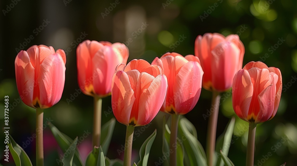 A tight shot of pink tulips with green foliage in the background, plus a softly blurred depiction of the tulips' backs A tight shot of pink tulips with green foliage in the background, plus a softly blurred depiction of the tulips' backs