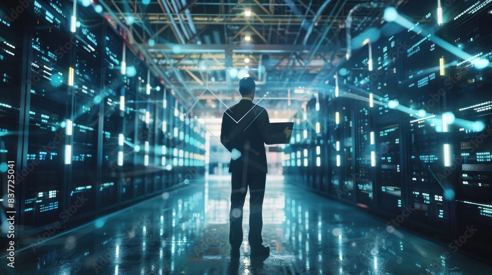 Man in data center with blue lights Man in data center with blue lights