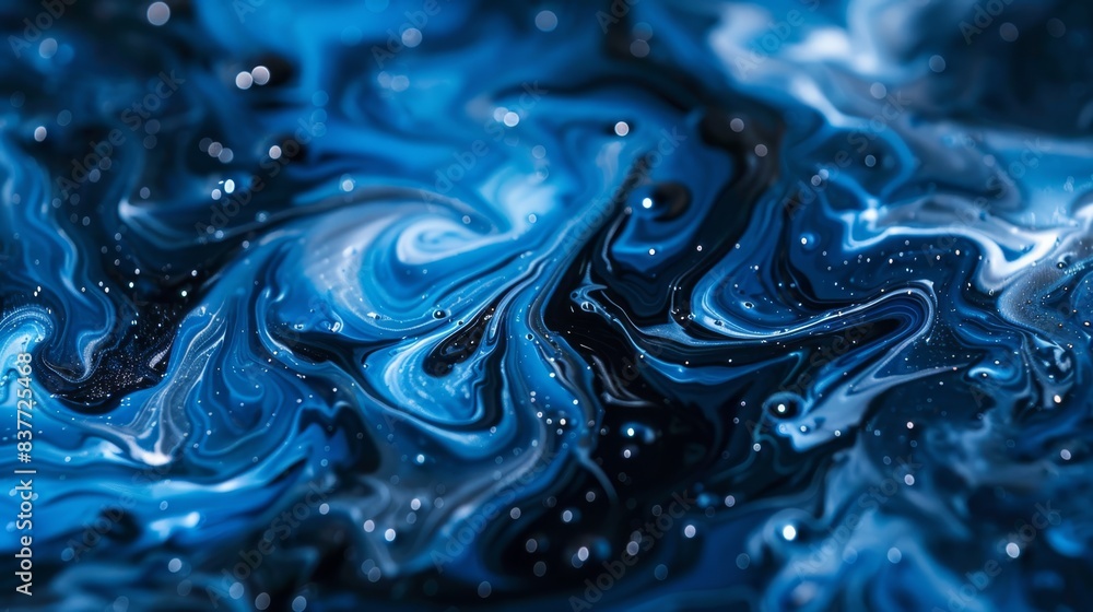 A tight shot of a blue-black marbled surface, adorned with water droplets at its upper and lower edges A tight shot of a blue-black marbled surface, adorned with water droplets at its upper and lower edges