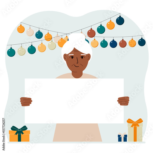 Holiday concept with garland, gift boxes and poster. A woman smiles, rejoices and celebrates a birthday, a festive event, a victory, an achievement or a holiday. Vector flat illustration