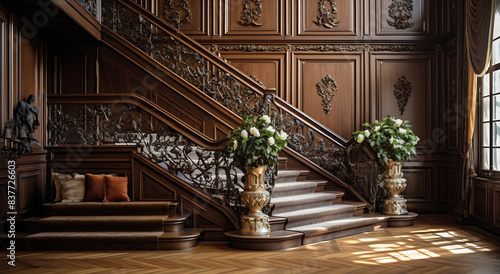 Classic Carved Wooden Staircase in Traditional Home