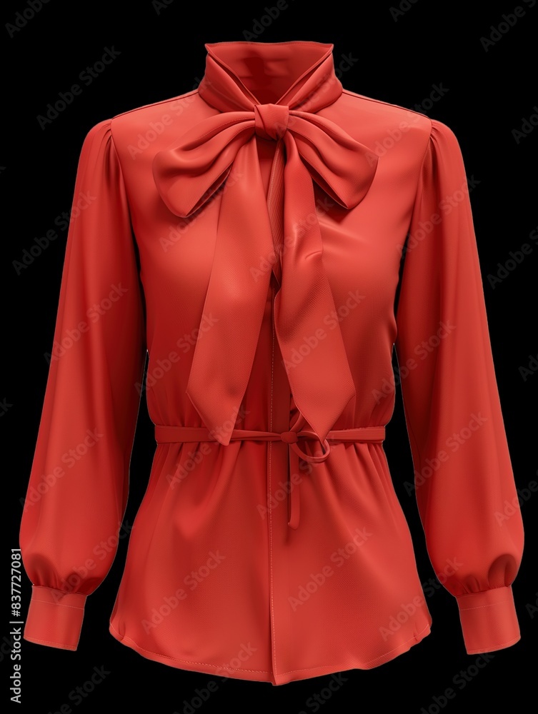 A women's tailored blouse in a vibrant red, featuring a stylish bow tie at the neck and elegant cuffs. A women's tailored blouse in a vibrant red, featuring a stylish bow tie at the neck and elegant cuffs.