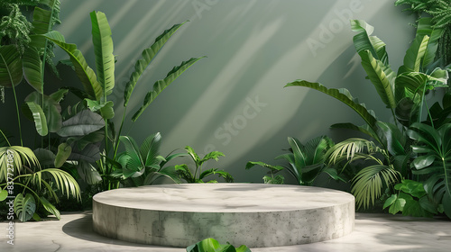 Photography nature wood podium product,  soft green background, beautiful soft lighting and shadow, nature background,  Generate Ai