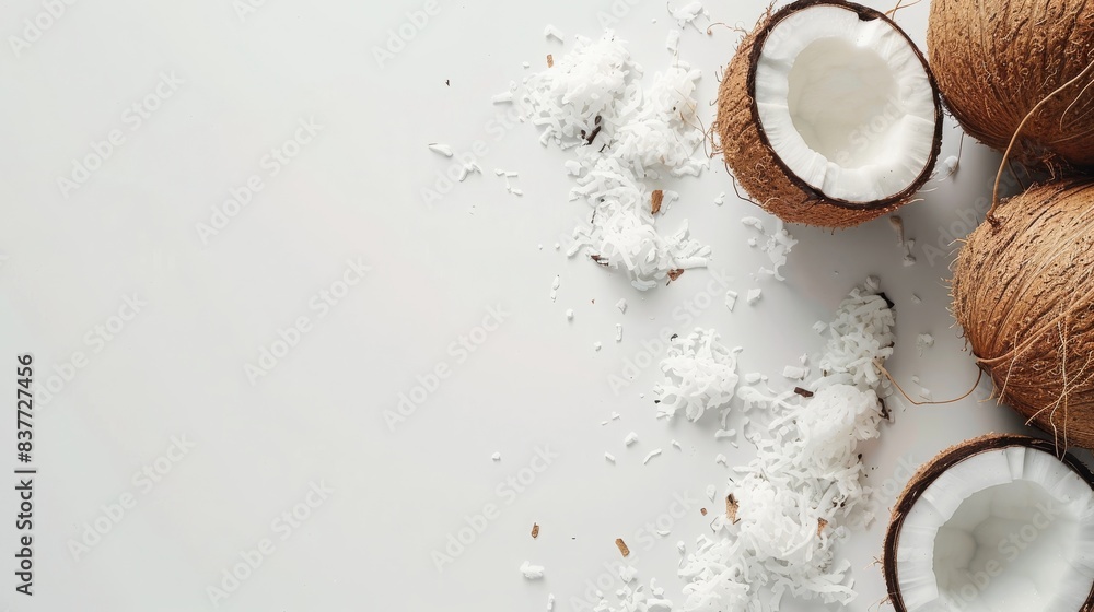 fresh coconut, white background, copy and text space, 16:9 fresh coconut, white background, copy and text space, 16:9