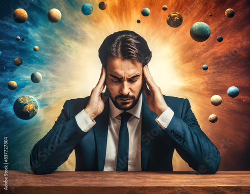 Businessman in a suit with his hands against the sides of his head. Planets and stars in the background depicting stress and overwhelm in the workplace. Abstract depiction.