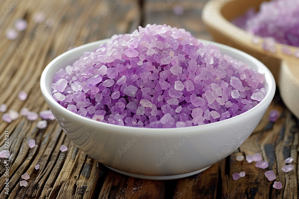 Purple sea salt in a white bowl, close-up Purple sea salt in a white bowl, close-up