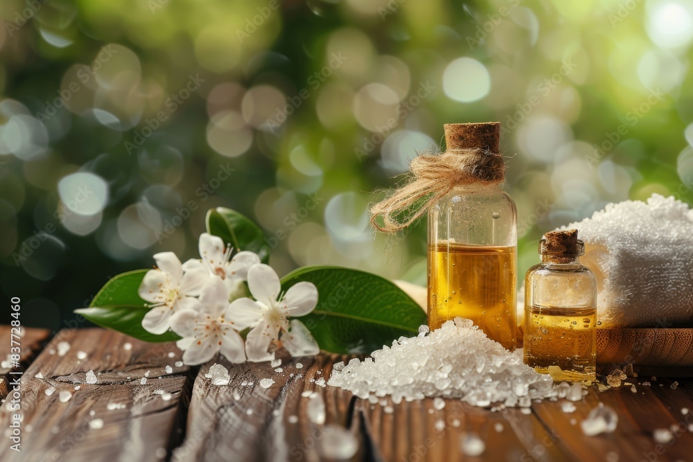 Bath salts and oils on wooden in nature Bath salts and oils on wooden in nature
