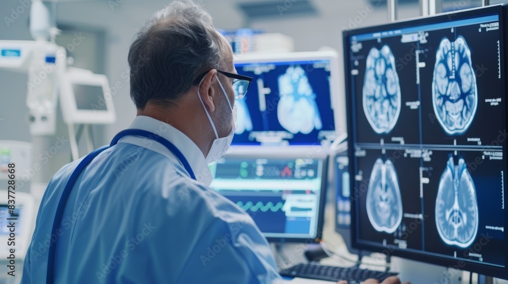 Doctor analyzing brain scans on computer screens in a medical research laboratory. Doctor analyzing brain scans on computer screens in a medical research laboratory.