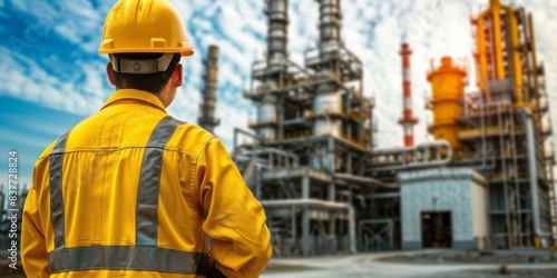 Engineer in yellow protective gear inspecting an industrial refinery under a bright blue sky, emphasizing safety and engineering expertise.