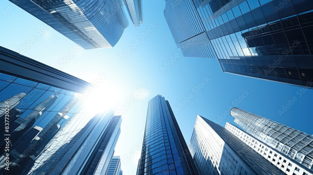 Fototapeta premium Sunlight Shining Between Modern Skyscrapers from Ground View