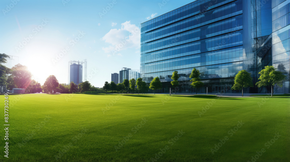 Modern Office Building with Green Lawn on Sunny Day