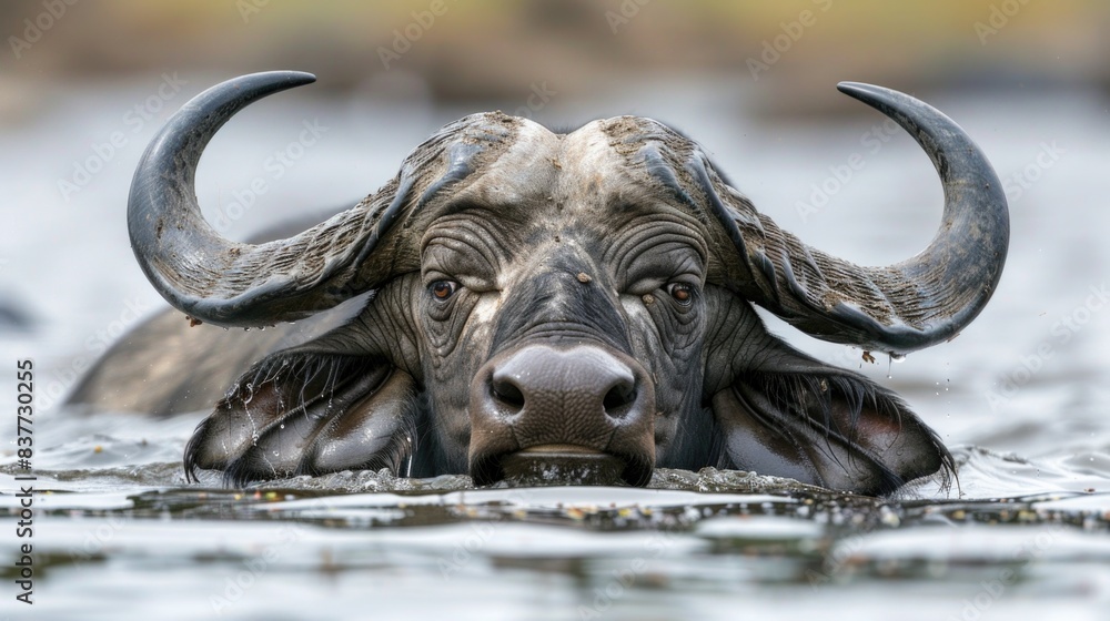 Close up image of an african buffalo swimming in the water during a safari tour Close up image of an african buffalo swimming in the water during a safari tour
