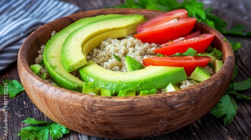 Healthy quinoa salad with fresh avocado, tomato, and herbs in a wooden bowl, perfect for a nutritious meal.