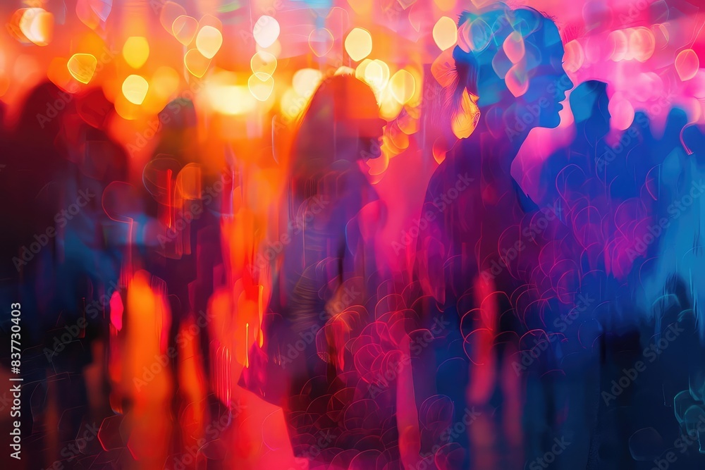 Crowd at festival ground, close up, focus on, copy space, vivid hues, Double exposure silhouette with excited faces Crowd at festival ground, close up, focus on, copy space, vivid hues, Double exposure silhouette with excited faces