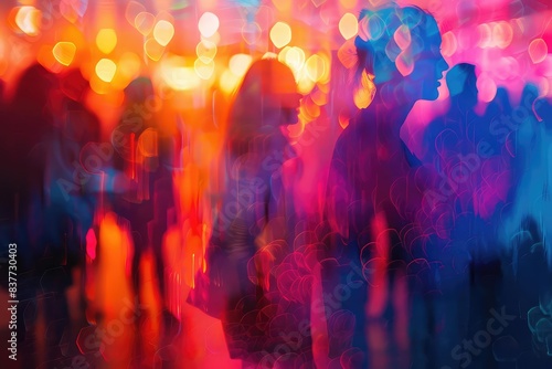 Crowd at festival ground, close up, focus on, copy space, vivid hues, Double exposure silhouette with excited faces