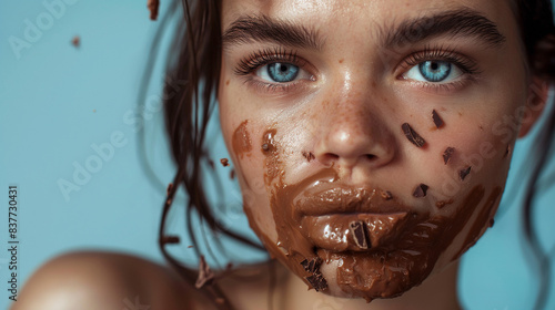 Tag der Schokolade Model mit Schokomund verschmiert läuft heraus Naschkatze kleckert Schokolade im Mund Internationaler Tag der Schokolade 04. August Generative AI photo