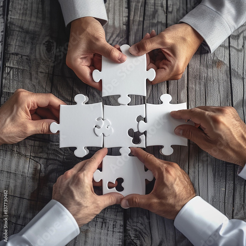 3d render photo of Divers people hands holding puzzle pieces representing team collaboration made with generative AI photo