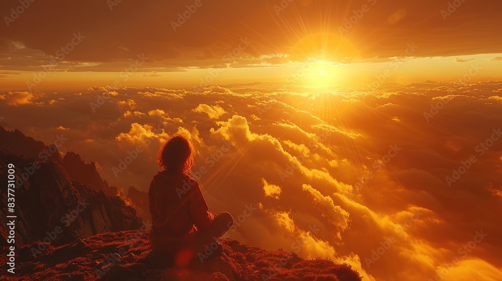 Obraz premium Solitary figure on mountain at golden sunset