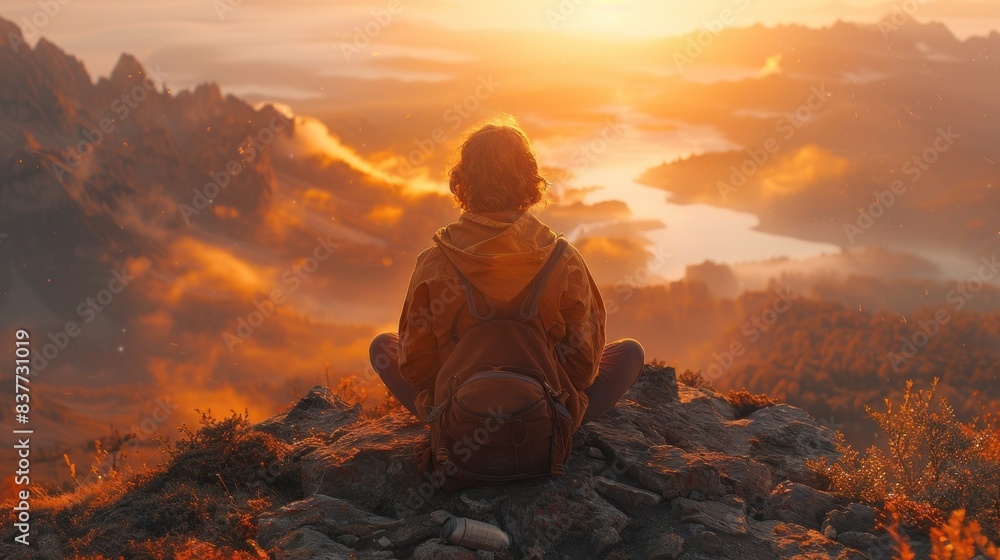 Back view of traveler sitting at sunrise Back view of traveler sitting at sunrise