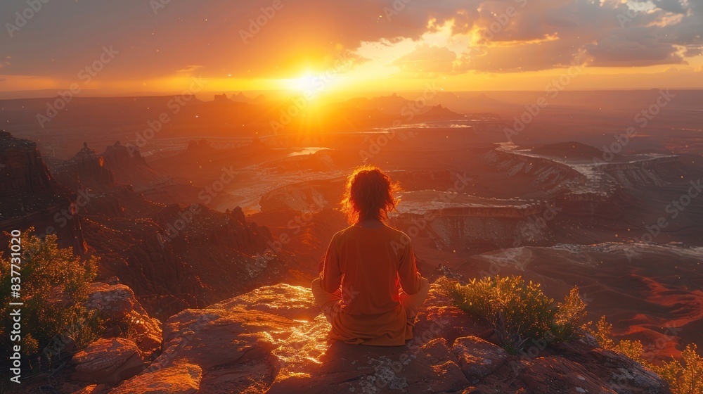 Obraz premium Person meditating on cliff during sunset