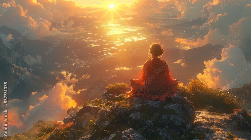 Obraz premium Person meditating on mountain at sunset
