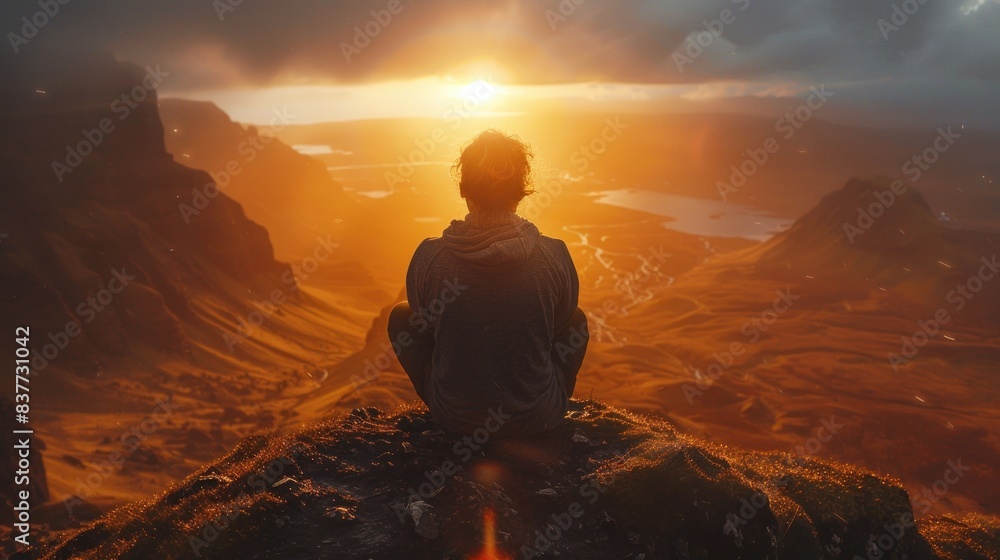 Obraz premium Person sitting on a cliff during sunset