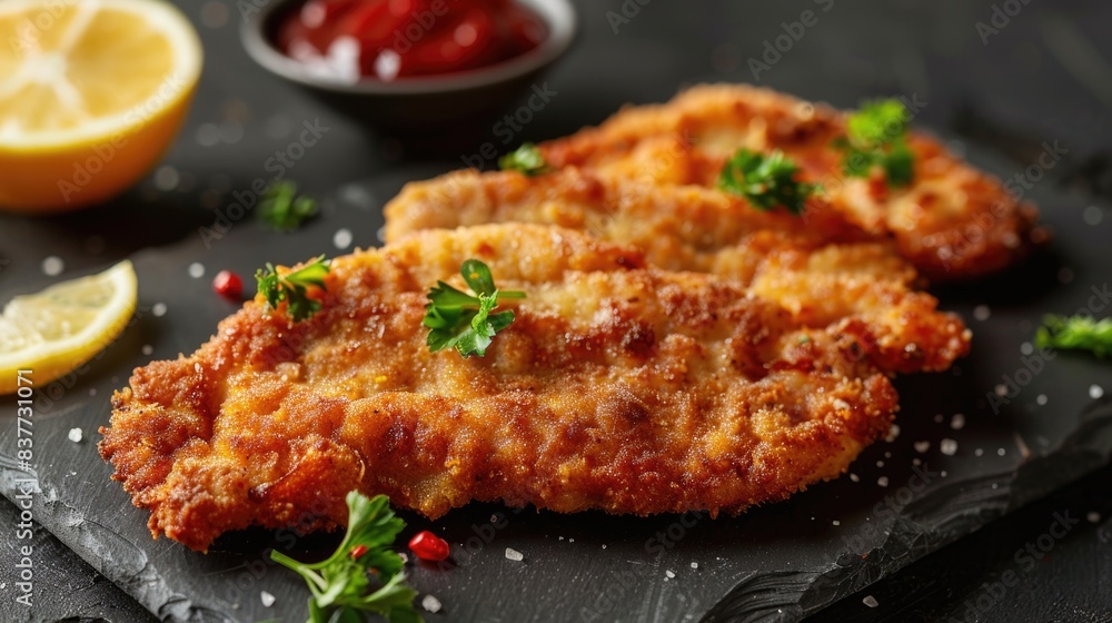 Close up of delicious Wiener schnitzel on the table, international and popular food concept. Close up of delicious Wiener schnitzel on the table, international and popular food concept.