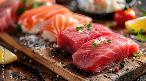 Close up of Fresh raw Madai fillet steak and sashimi on wooden board background, delicious food for dinner, healthy food, ingredients for cooking photo