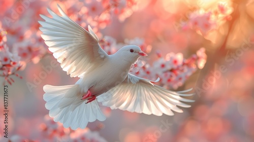 Elegant white dove in flight against a backdrop of blooming cherry blossoms, bathed in soft golden light.