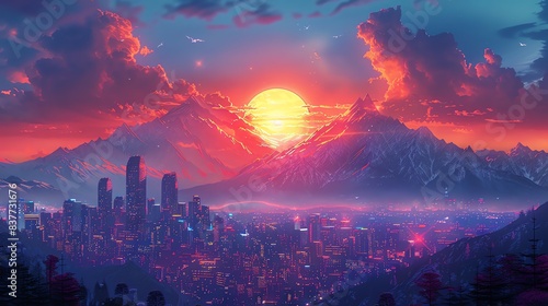 Sunset Glow Over Snow-Capped Mountain Cityscape