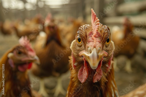 Close-up of a curious chicken in a farm setting with other chickens in the background showcasing poultry in natural habitat. photo