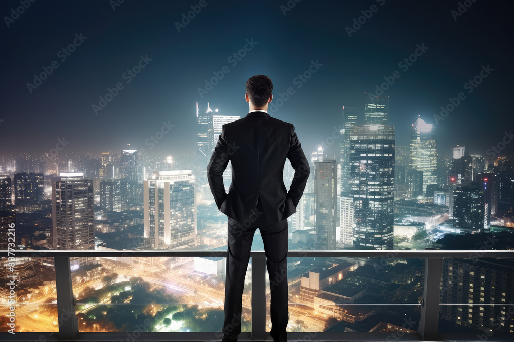 Vision of Ambition: Businessman Contemplates Cityscape at Night Vision of Ambition: Businessman Contemplates Cityscape at Night