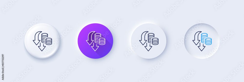 Deflation line icon. Neumorphic, Purple gradient, 3d pin buttons. Price reduction sign. Reduce rate symbol. Line icons. Neumorphic buttons with outline signs. Vector Deflation line icon. Neumorphic, Purple gradient, 3d pin buttons. Price reduction sign. Reduce rate symbol. Line icons. Neumorphic buttons with outline signs. Vector