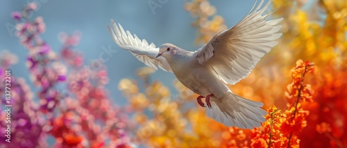 Beautiful white dove in flight with colorful blurred flowers in the background, depicting peace and freedom in nature. photo