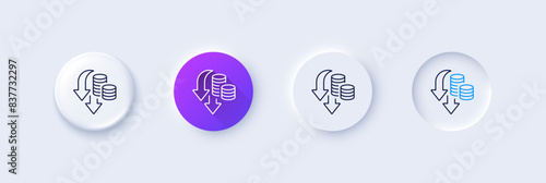 Deflation line icon. Neumorphic, Purple gradient, 3d pin buttons. Price reduction sign. Reduce rate symbol. Line icons. Neumorphic buttons with outline signs. Vector
