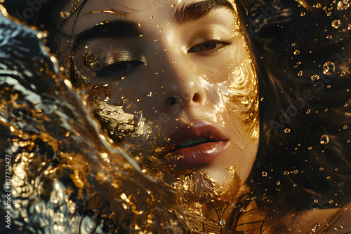 Fashion Concept. Closeup portrait of stunning beautiful woman girl portrait in gold paint liquid. illuminated with dynamic composition. sensual, mysterious, advertisement, magazine, dark. copy