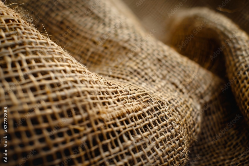 Close-up of a textured burlap fabric showing intricate weaving patterns and natural fibers, ideal for backgrounds and rustic designs. Close-up of a textured burlap fabric showing intricate weaving patterns and natural fibers, ideal for backgrounds and rustic designs.