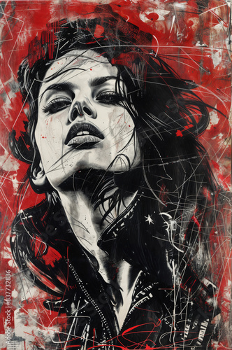Poster a woman with long hair is painted in red and black. The painting is abstract and has a moody, dark atmosphere