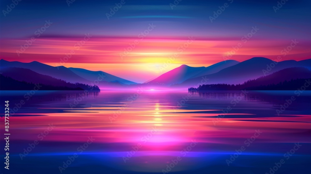 Fototapeta premium Vibrant sunset over a serene lake surrounded by mountains, creating a picturesque and colorful landscape in a tranquil setting.