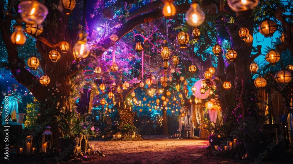 The Enchanted Forest Countdown set beneath a towering magical tree, with luminescent flora and enchanted lanterns lighting the mystical event The Enchanted Forest Countdown set beneath a towering magical tree, with luminescent flora and enchanted lanterns lighting the mystical event