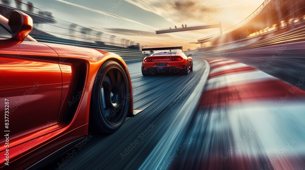 Dramatic image of a powerful red muscle car racing on a track with speed and motion blur effect