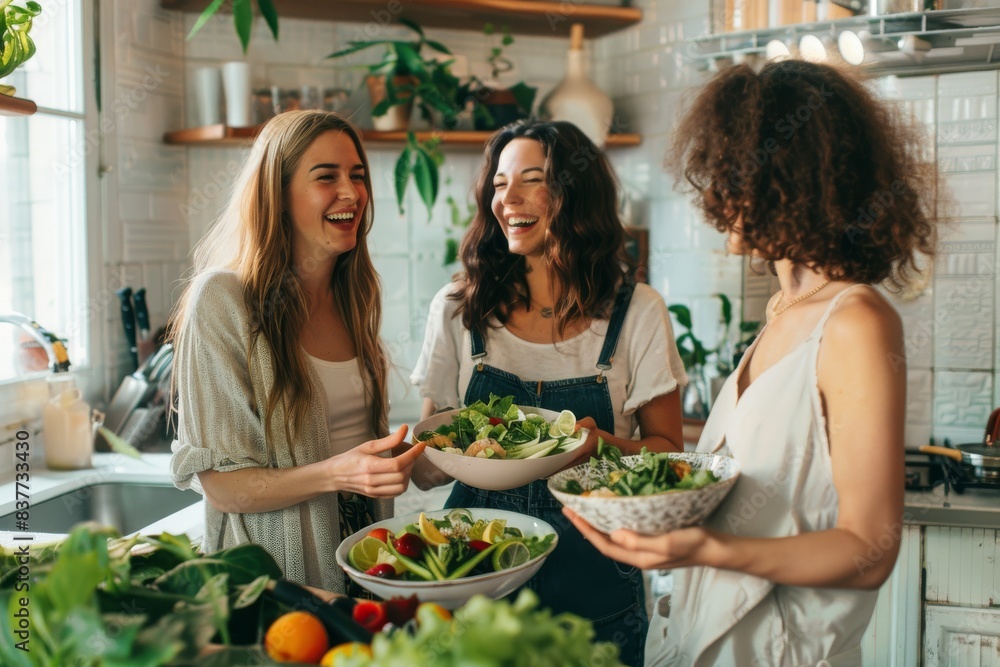 Young woman is laughing with her friends at party as she holding bowl a salad on white kitchen.