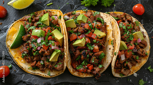 Three Mexican pork caritas tacos flat lay compo photo