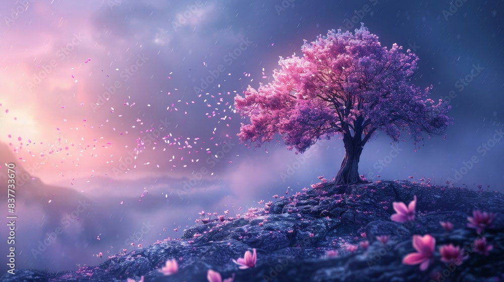 Surreal purple tree with iridescent petals, solitary on a hill with petals drifting in a soft, magical wind Surreal purple tree with iridescent petals, solitary on a hill with petals drifting in a soft, magical wind