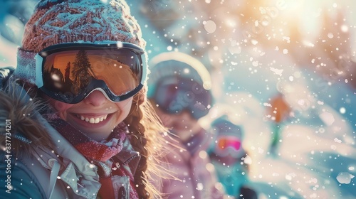 Family fun at ski resort, close up, focus on, copy space, glowing hues, Double exposure silhouette with happy faces