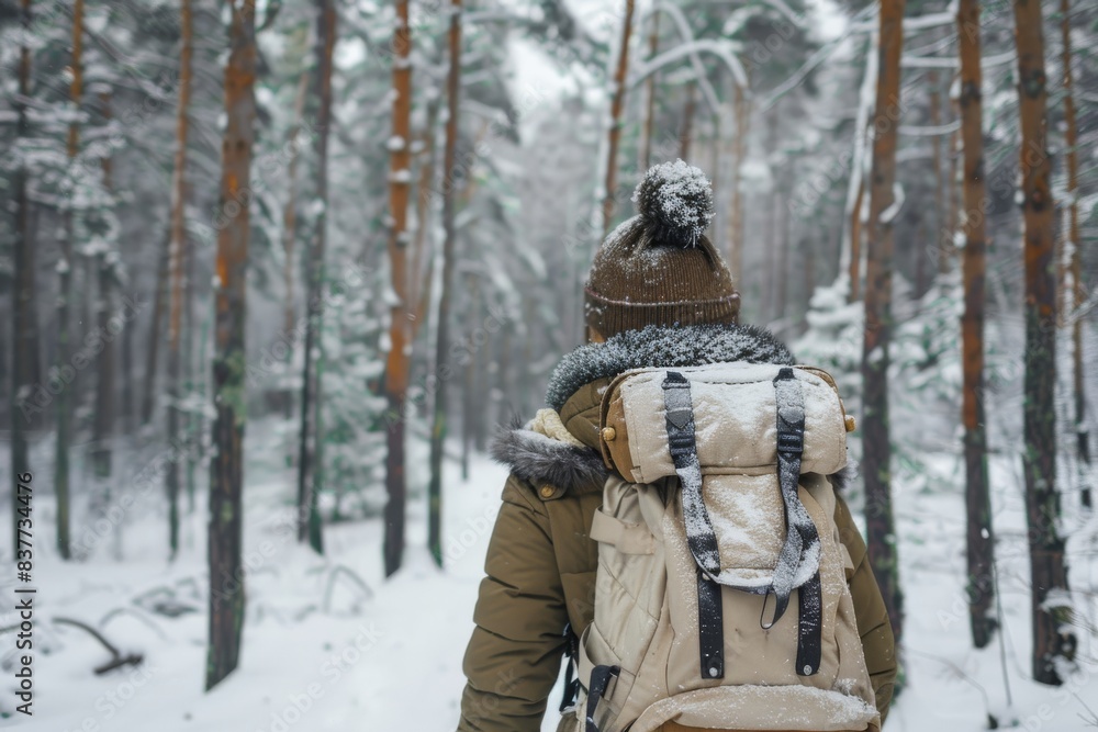 Fototapeta premium Woman traveler in winter warm jacket and rucksack walking in snowy winter pine forest. Winter travel concept.