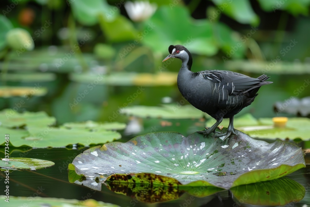 Fototapeta premium White-breasted waterhen on a lotus leaf in the pond