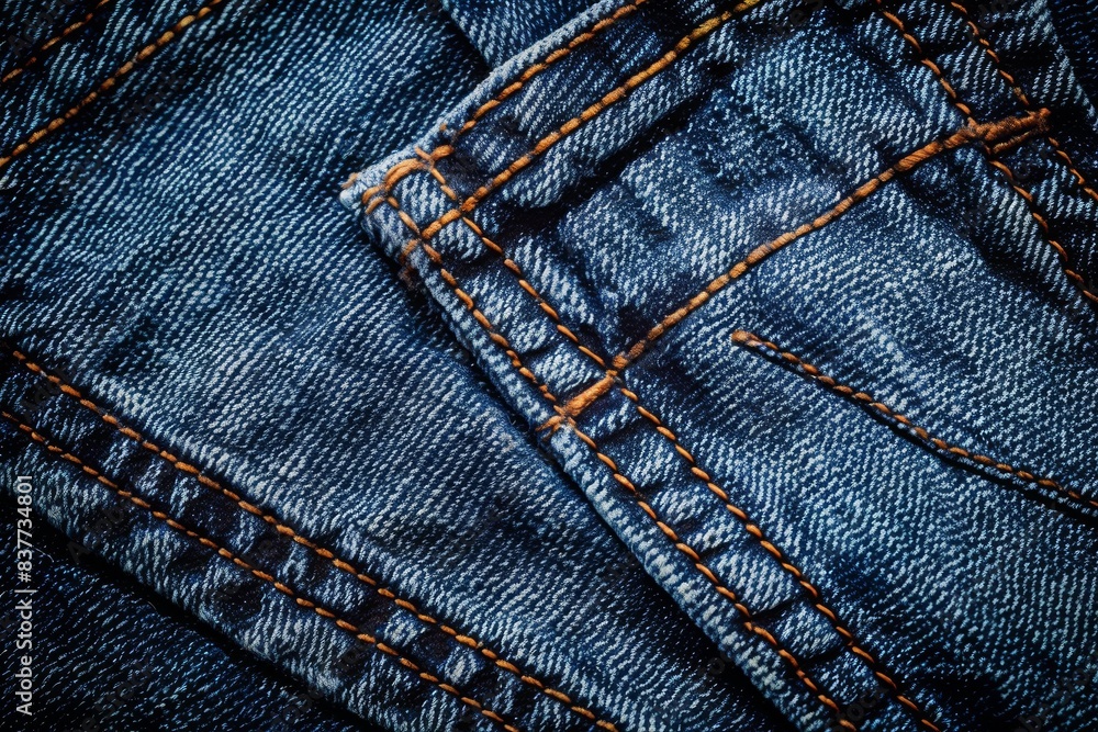 Close-up blue denim fabric texture, showcasing detailed stitching material quality. Perfect textile, fashion, clothing concepts. Close-up blue denim fabric texture, showcasing detailed stitching material quality. Perfect textile, fashion, clothing concepts.