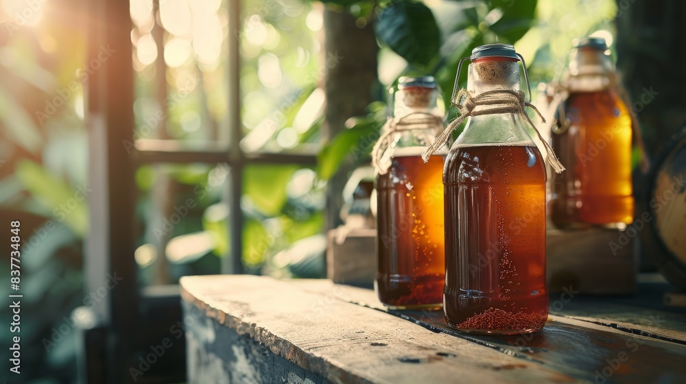 Close-up of bottles filled with amber liquid on a rustic wooden surface, bathed in natural sunlight, surrounded by lush green foliage. Close-up of bottles filled with amber liquid on a rustic wooden surface, bathed in natural sunlight, surrounded by lush green foliage.