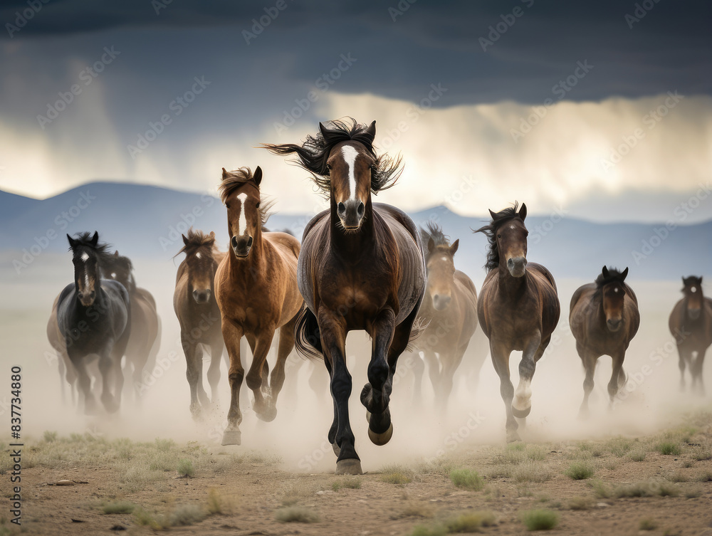 Obraz premium Majestic Wild Horses Galloping on Dusty Plains